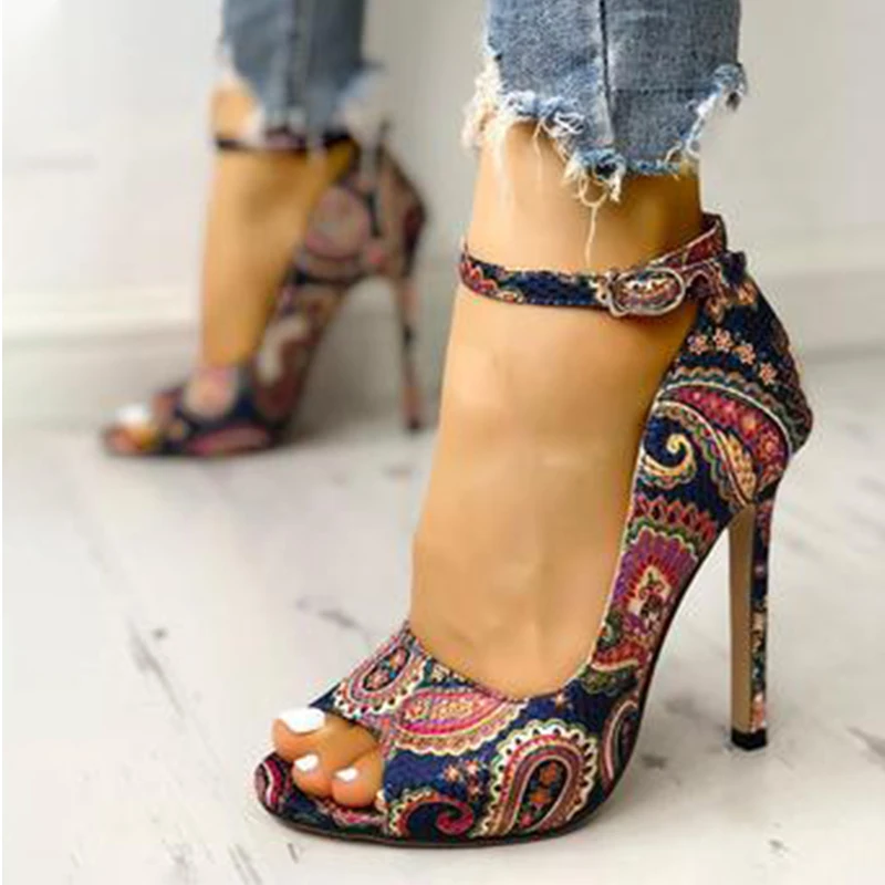 Новинка Женские туфли лодочки на высоком каблуке тонком с принтом летние