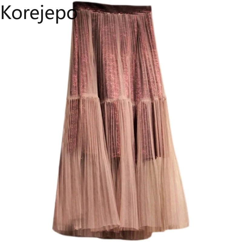

Korejepo Mesh Skirt Women's Korea Fashion 2021 Autumn Winter New Women's Sweet Loose High Waist A-line Splicing Long Skirts