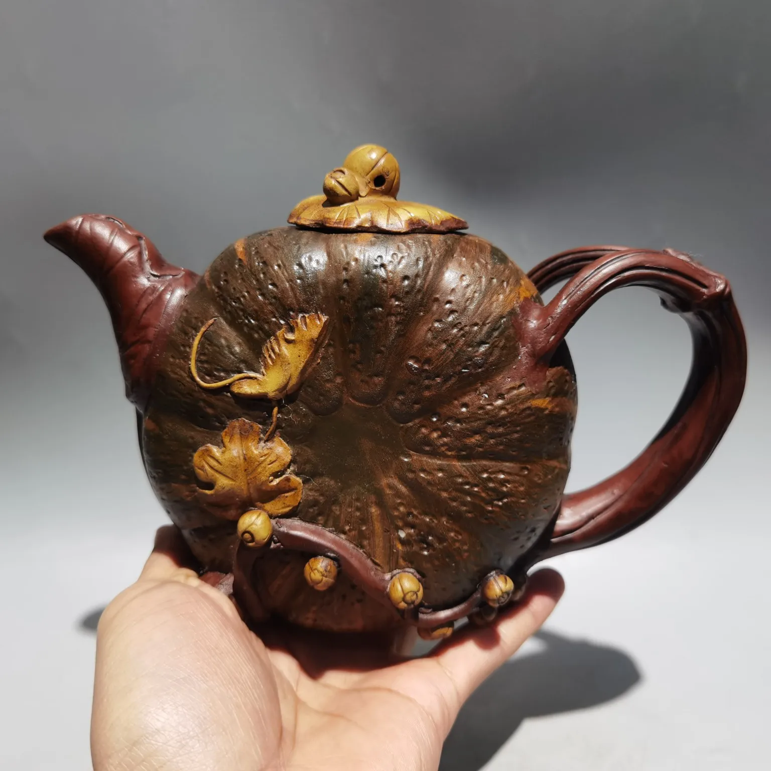 

8"Chinese Yixing Zisha Pottery Hand-Carved Pumpkin pot Pumpkin shape Raw ore red mud Teapot Pot Tea Maker Office Ornaments