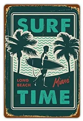 

Surf Long Beach Time Miami Metal Plate Retro Man Cave Tin Sign Vintage Wall Bar Shop Decor 12"x8"