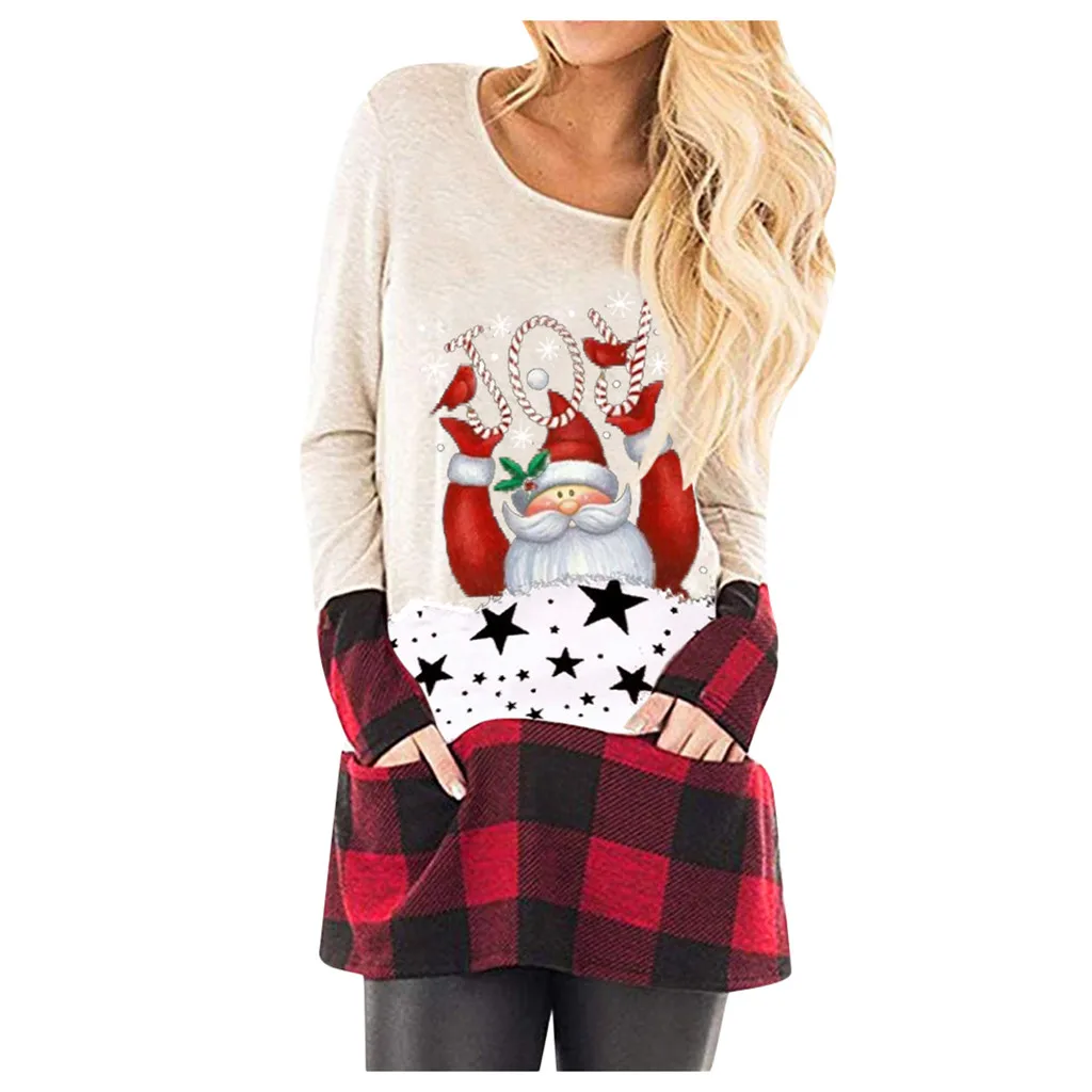 

Women Christmas Tops Plaid Splice Hem Long Sleeve Cute Tunic Poleras Camiseta Mujer Harajuku