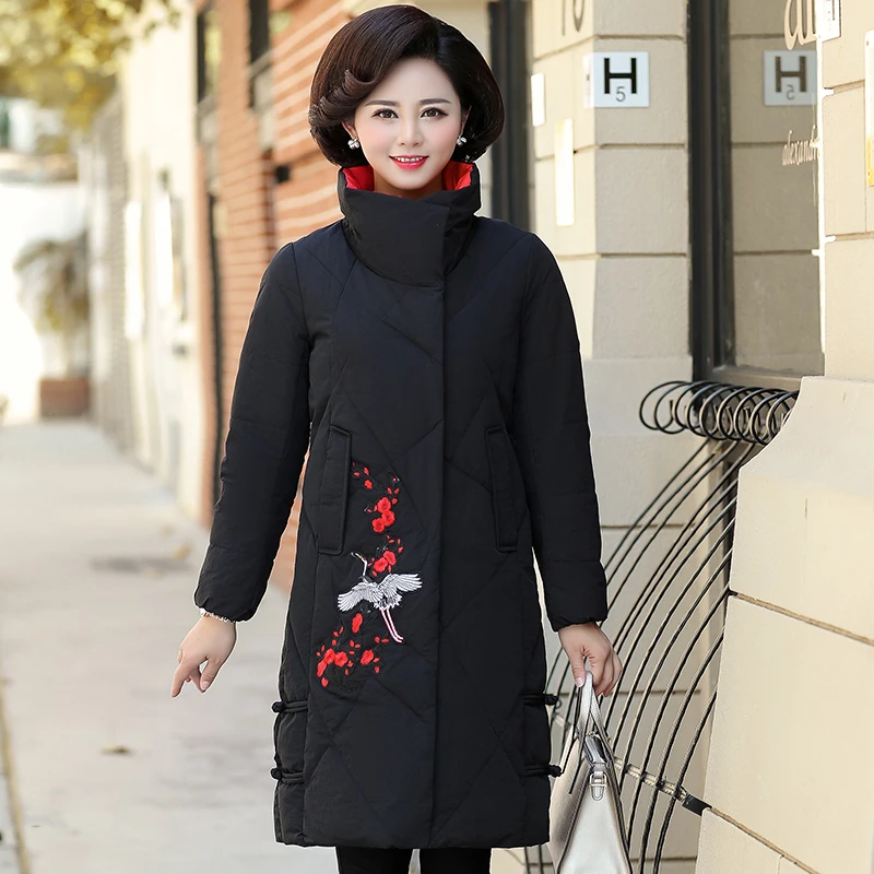 

Winter Hooded Coat Embroidery flower Jacket Middle Aged Women Warm Cotton Padded Jacket Coat Female Down ParkasThick Outwear