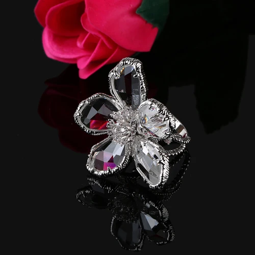 White crystal silver Цветочное кольцо, большие кольца для женщин, обручальное, свадебное, коктейльное, модное, серебряное, розовое золото, Anillos Cristal Austriaco anillos de plata - Цвет основного камня: White crystal silver