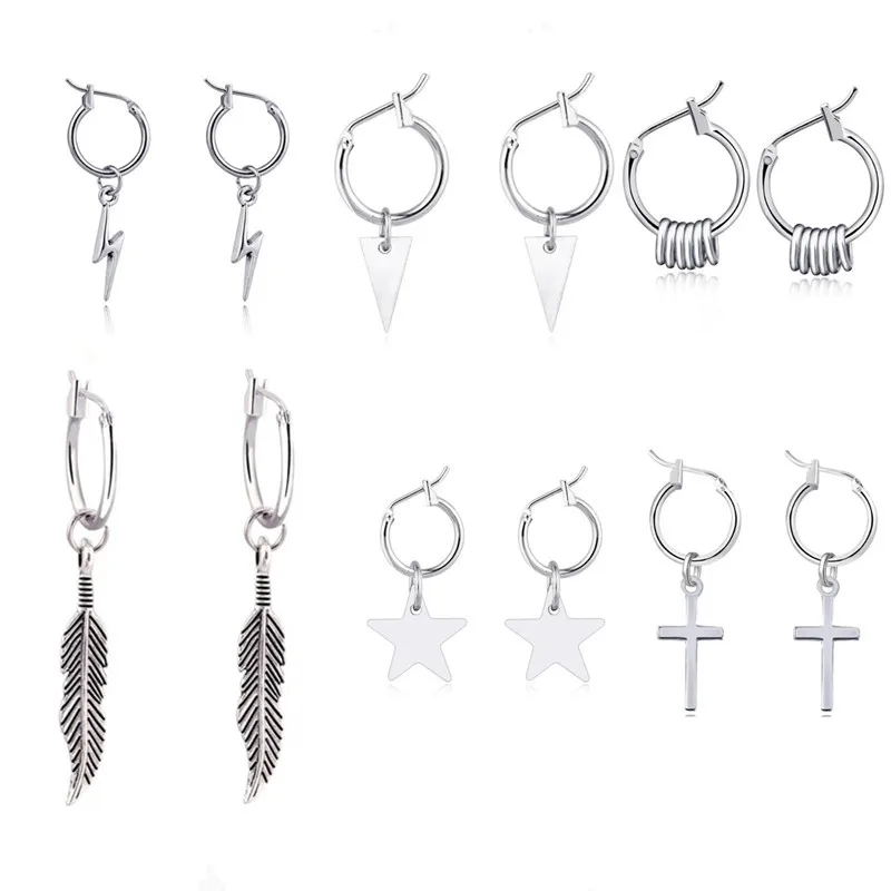 1 Pair Stainless Steel Star Feather Hoop Earrings For Men/Women Cross Triangle Circle Pendant Earrings Punk Gothic Metal Jewelry