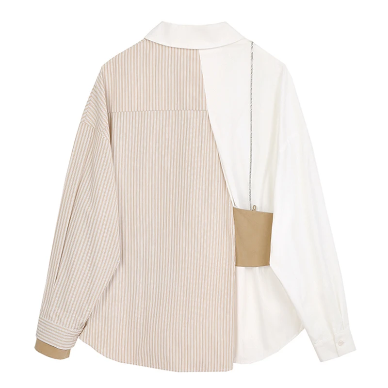 

Fashion color matching fake two piece loose striped shirt Vintage new lapel long sleeve 2021 spring new casual women's clothing