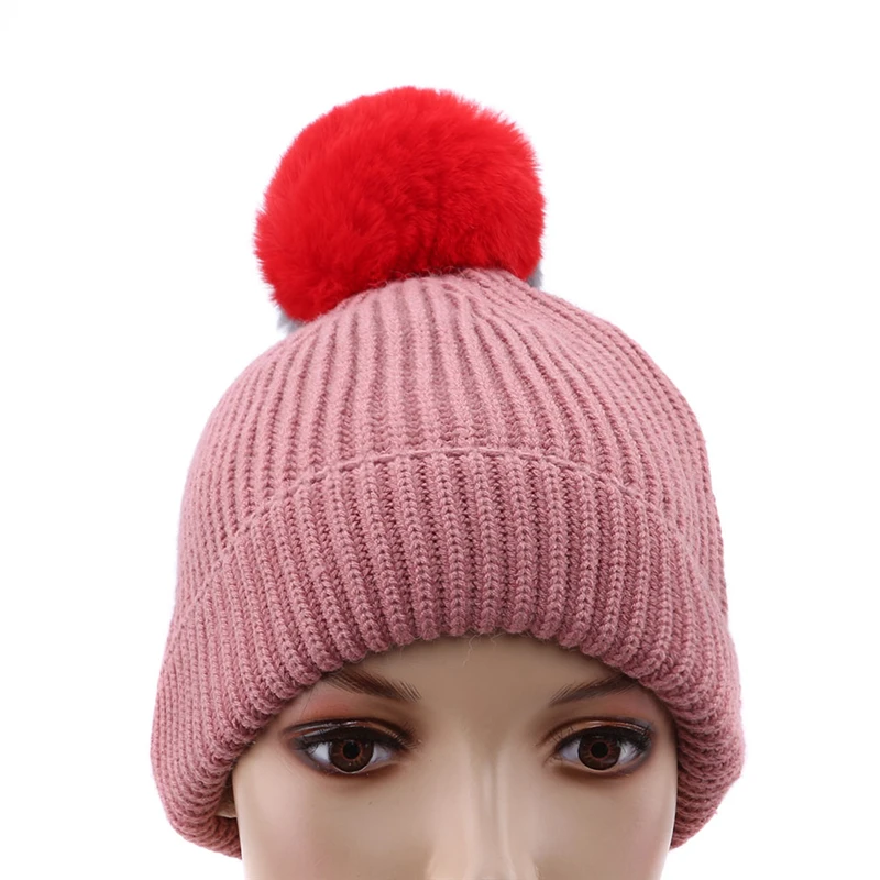 

New Cute Winter Baby Children Knitted Hats Double Color Hair Ball Beanies Cap Warm Kids Cap Crochet Boy Girl Fur Hats