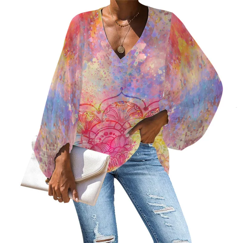 

Ladies' Blouses & Tops Rainbow Boho Mandala Design Chiffon Shirt Loose Plus Size Shirts for Women Lantern Sleeve Blouses