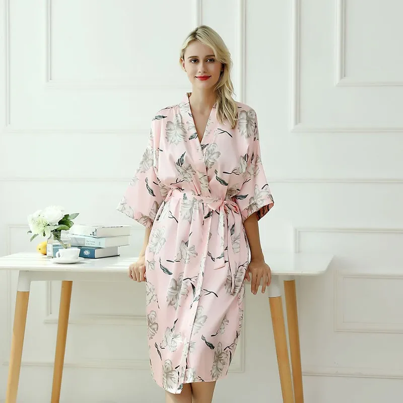 

Pink Satin Kimono Robe Bathrobe Gown Sexy Female Sleepwear Floral Bride Bridesmaid Wedding Dress With Belt Summer Home Clothing