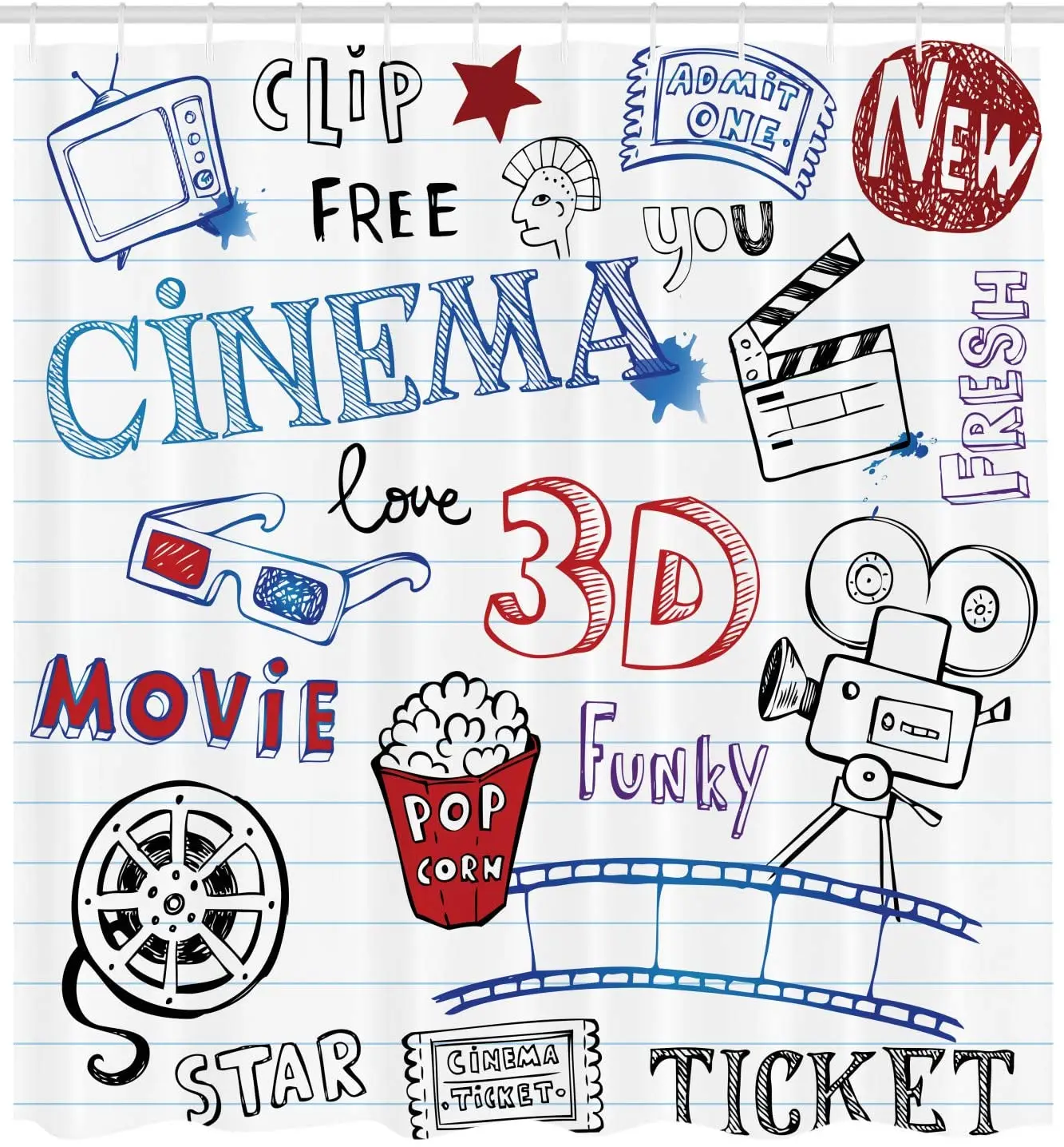 Кинотеатр душевая занавеска рисованная вручную на блокноте стильный фон