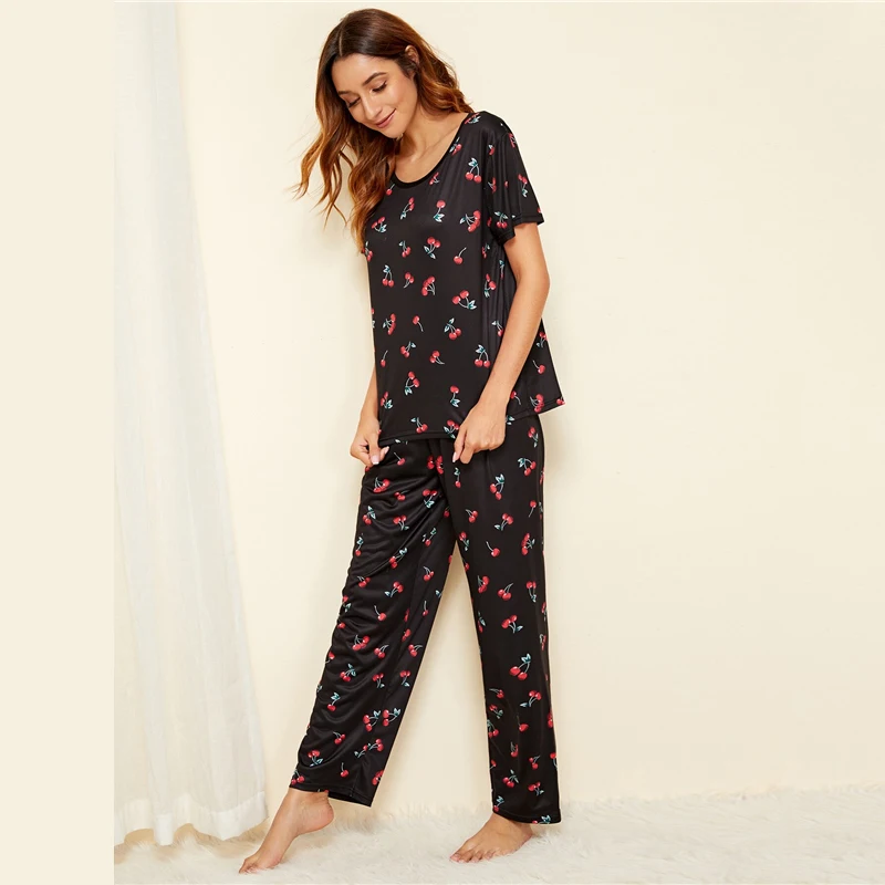 Dotfashion Casual Cherry Print Pajama Set Women Summer Black Short Sleeve Top And Long Pants Ladies Sweet Loungewear