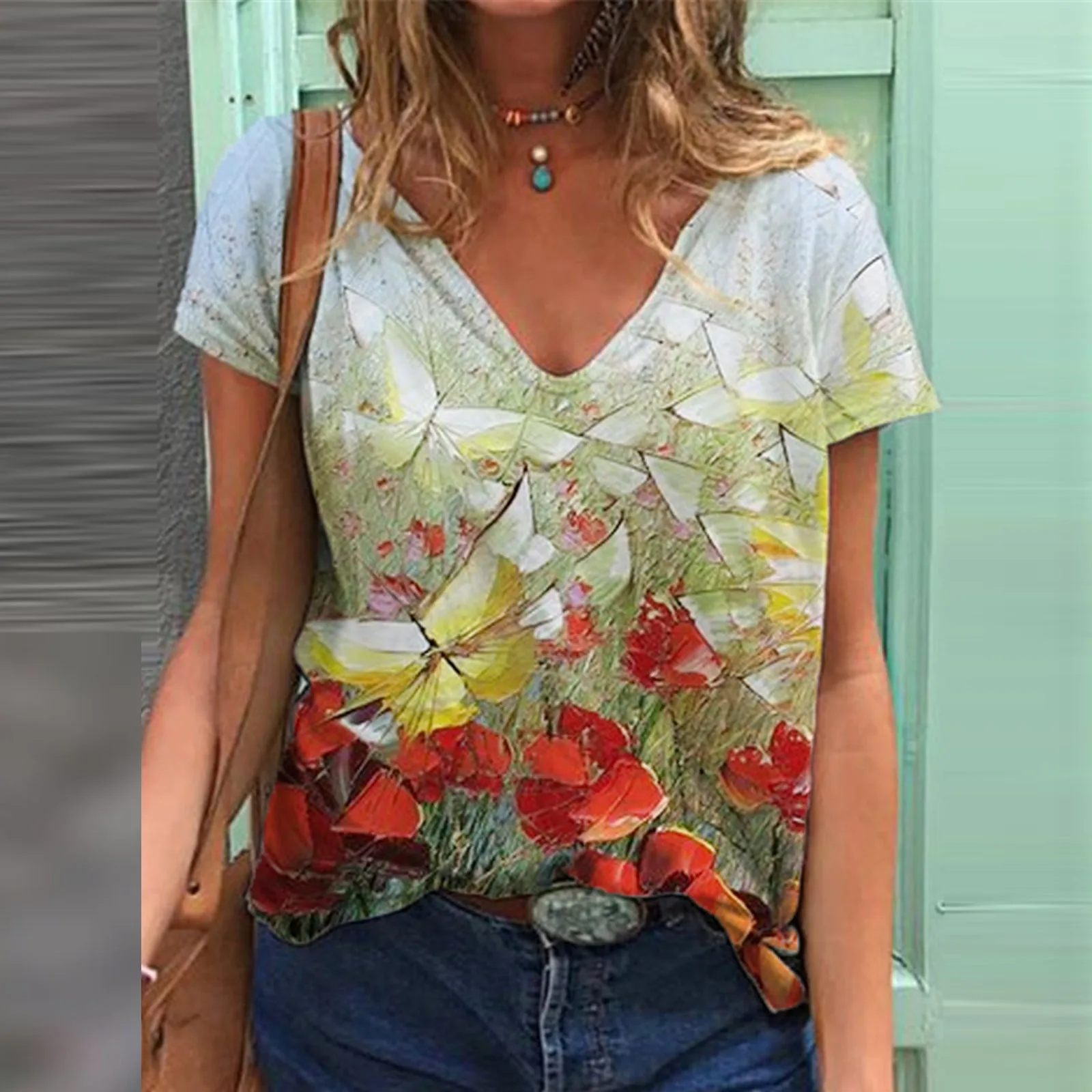 Размера плюс Топы с v образной горловиной и багровым принтом Блузки для женщин 2021