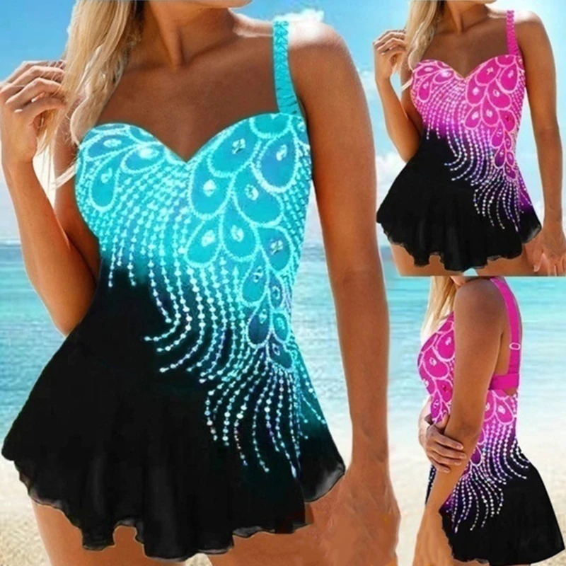 

Womens Feather Print Tankini Swimwear With Brief Swim Costume Two Piece Tummy Control Swimsuit High Waist Bathing Suit