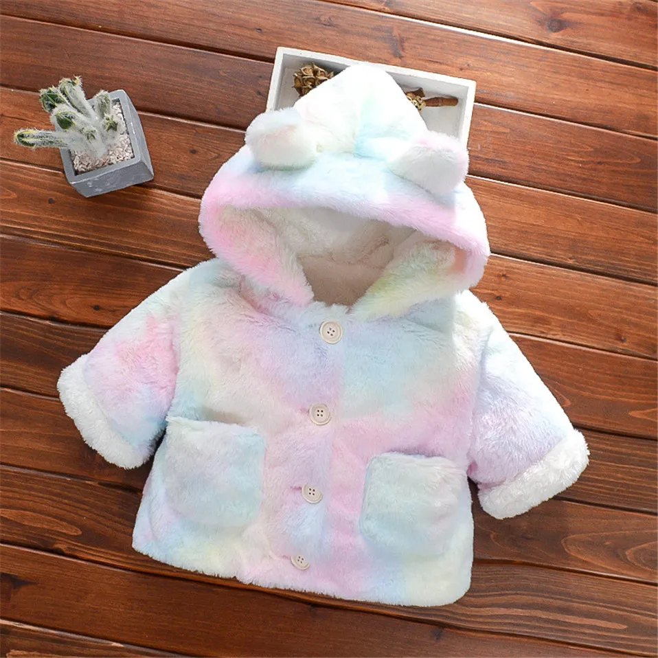 

Winter Super Keep Warm Kids Coat Cute Girl Fur Coat Tie-dyed Long Sleeve 3D Rabbit Ears Hooded Button Coat Winter Warm Jacket