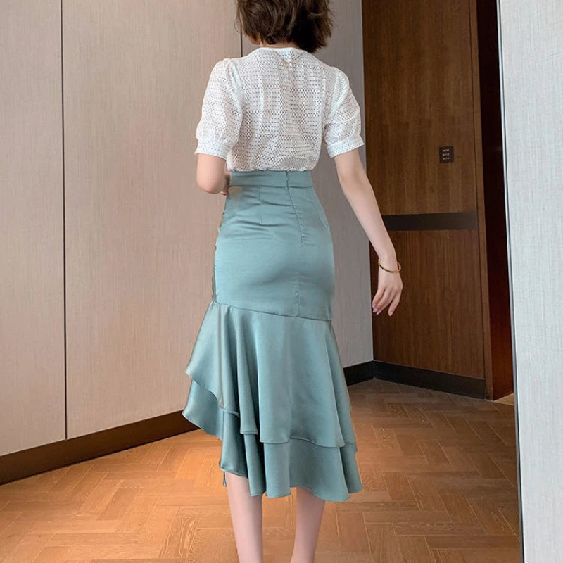 

Women New 2021 Summer High Waist Set Chic Office Ladies V-neck Top+irregular Midi Skirt Suit Female Fashion Two Piece Sets B01
