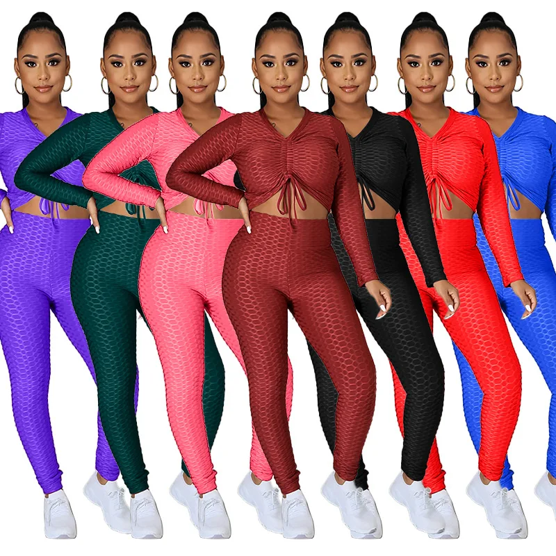 

Женский костюм из двух предметов, плиссированная Блузка с V-образным вырезом и брюки, спортивная одежда для фитнеса, Осень-зима