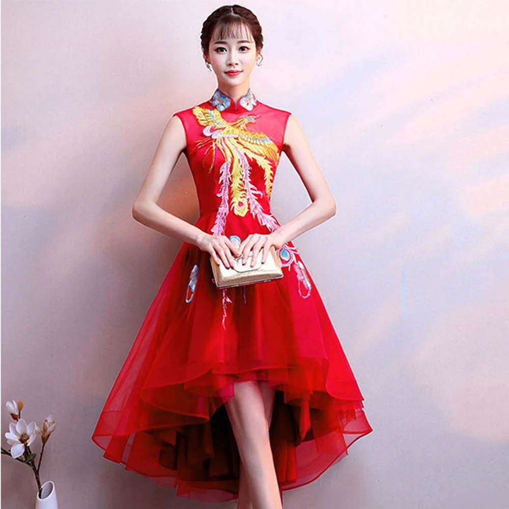 

Sexy Red Asmmetrical Female Bride Wedding Dress qipao da mulheres Elegant Qipao Retro Mandarin Collar Cheongsam 2019