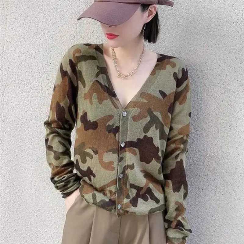 New Camouflage Cardigan Sweater For Women Spring and Autumn Women's Sweater
