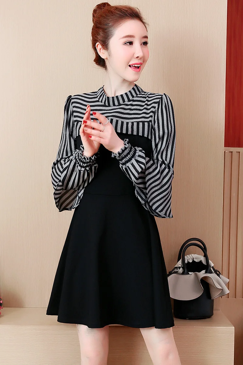 

COIGARSAM 5XL Plus Size Striped Women one-piece dress korean Spring Patchwork O-Neck Dresses 9956