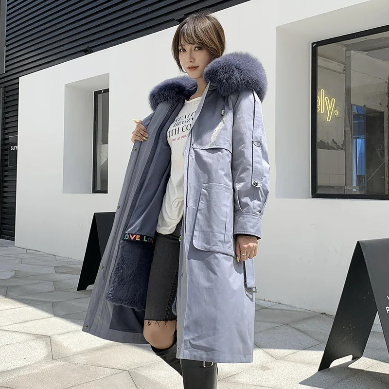 light gray Женская зимняя теплая парка с натуральным мехом, длинное дизайнерское пальто с подкладкой из натурального кроличьего меха, толстовка с капюшоном с отделкой из лисьего меха - Цвет: light gray