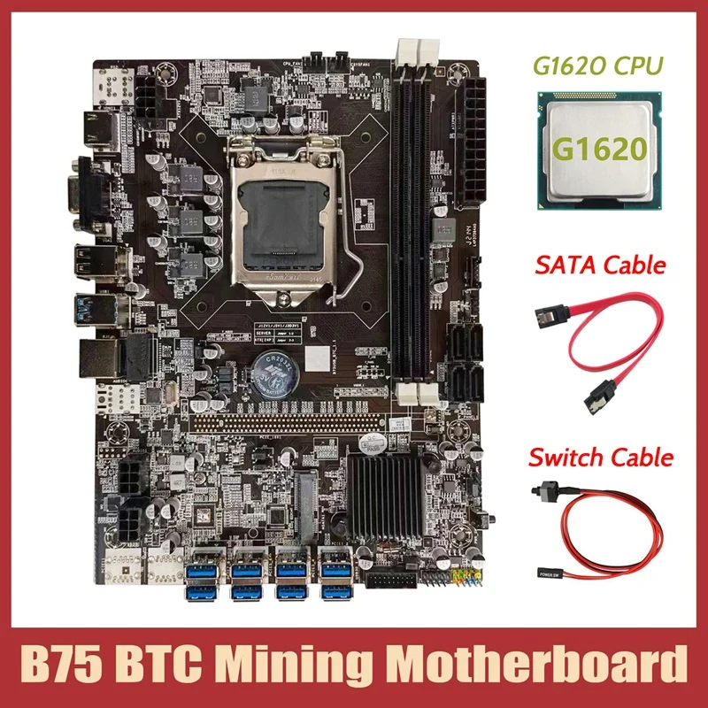 

Материнская плата B75 для майнинга BTC + ЦП G1620 + кабель SATA + кабель переключения LGA1155 8xpcie USB-адаптер B75 USB BTC материнская плата для майнинга