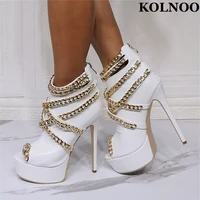 kolnoo new elegant handmade ladies high heel pumps peep toe cross chains party prom dress shoes evening xmas fashion white shoes
