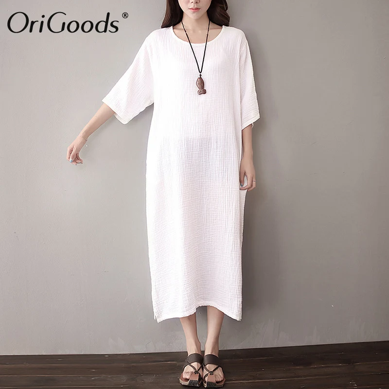 Женское платье с круглым вырезом OriGoods однотонное длинное красного и белого цвета