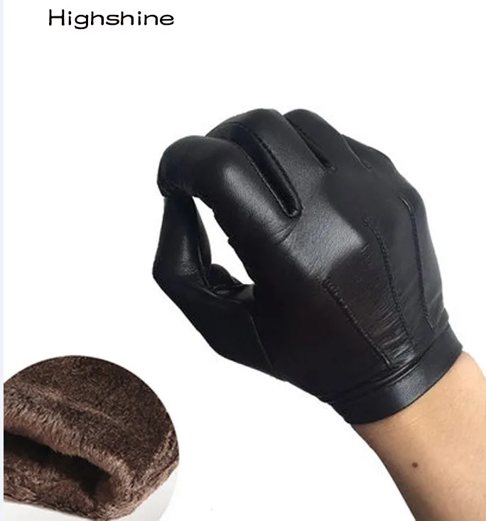 blackwarm lining Мужские зимние кожаные перчатки теплые вязаные шерстяные накладки на запястье кнопки цельный кусок овечьей кожи сенсорный экран зимние перчатки - Цвет: blackwarm lining