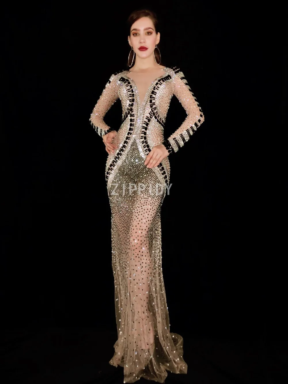 

Fashion See Through Silver Black Rhinestones Dress Bar Birthday Celebrate Dress Prom Dance Mesh Outfit Women Singer Dresses