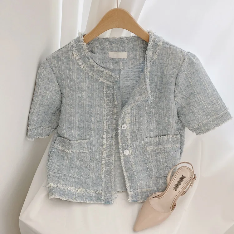 

Women Jackets 2021 Summer Korean Chic French Temperament Single-Breasted Short-Sleeved Tweed Chic Coat