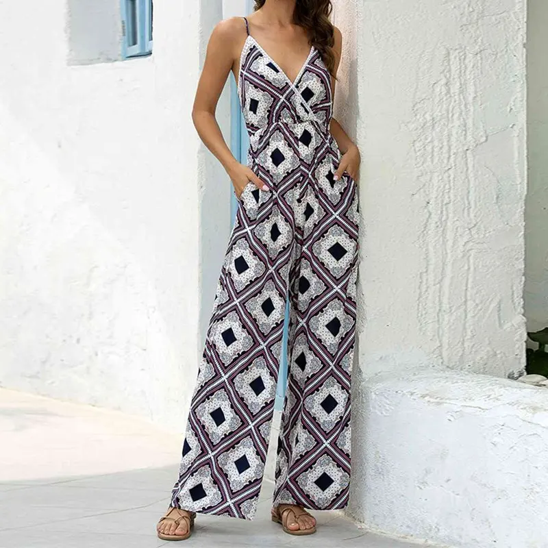 

Women's Sexy V-Neck Sling Printed Siamese Pants Loose Casual Siamese Pants