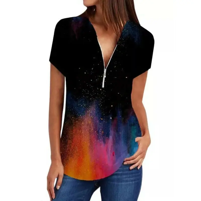 

T-Shirt Casual Fashion Print Zipper Up V-Neck Tops 2021 Summer Holiday Women Short SleeveClothes Female New Style Shirts Tees