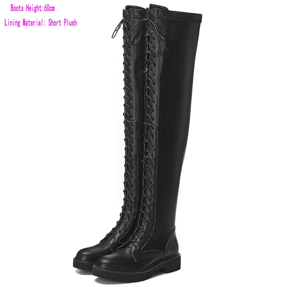 Black Winter 60cm Высокие военные сапоги до бедра женские черные ботфорты на шнуровке новые зимние высокие панк-кроссовки для верховой езды с ремешками - Цвет: Black Winter 60cm