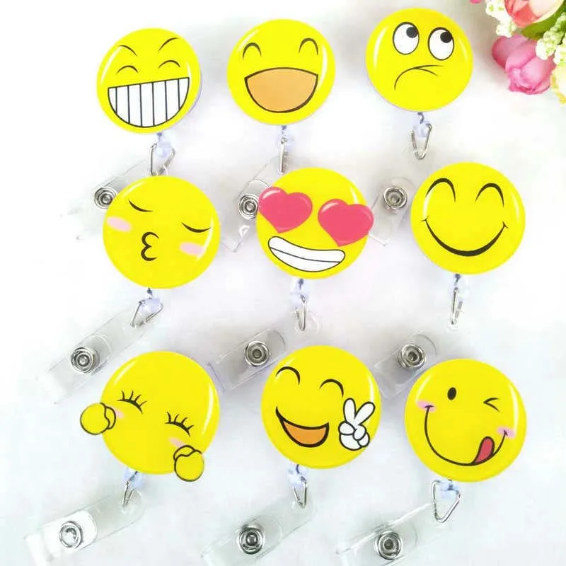 new acrylic funny smiling face 60cm retractable pull badge reel id card holder belt clip lanyard name tag card for school office free global shipping
