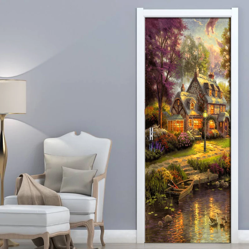 DIY стикер для дверей картина маслом дом фото обои ПВХ Самоклеящиеся наклейки на