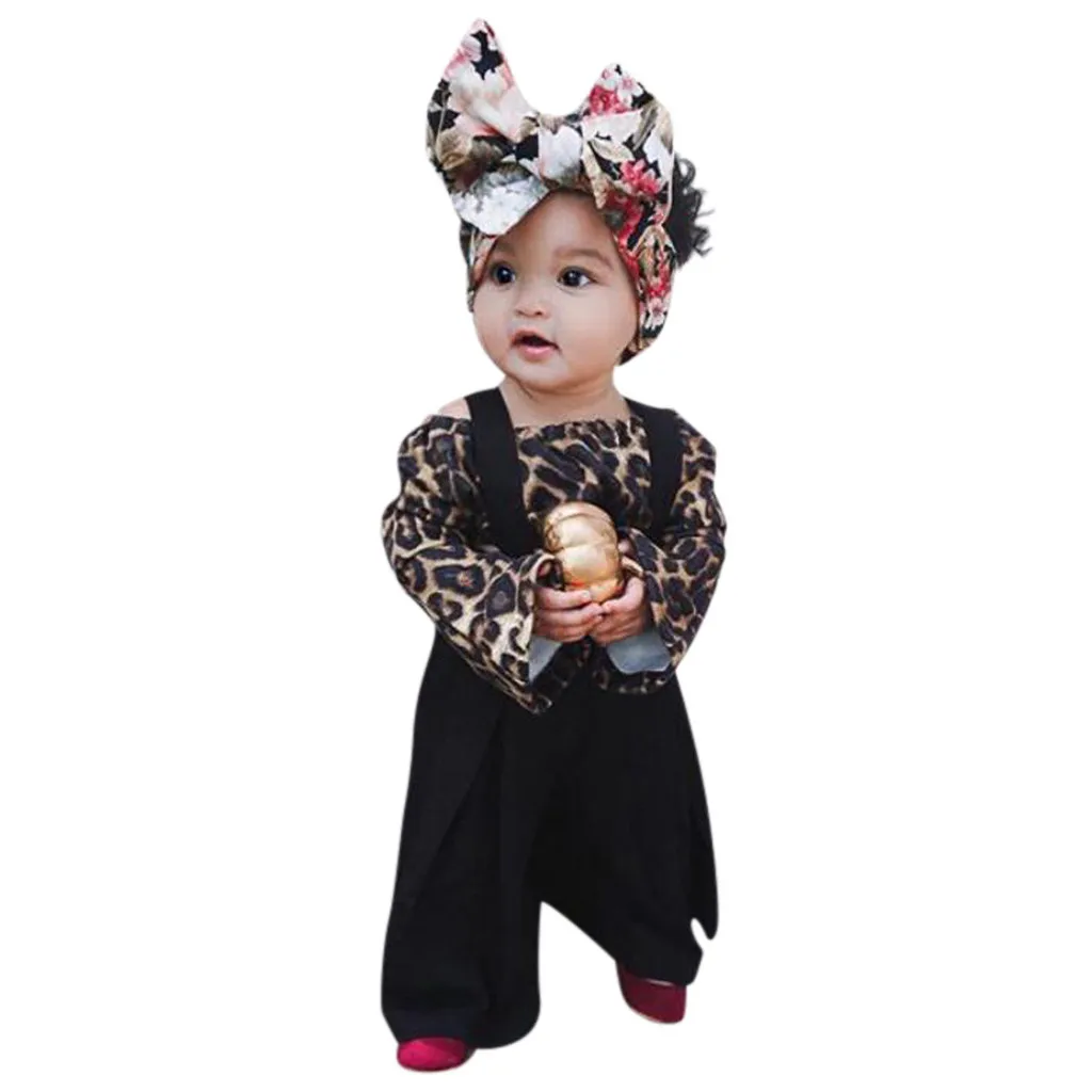 Одежда для маленьких девочек леопардовая футболка + штаны на подтяжках повязка