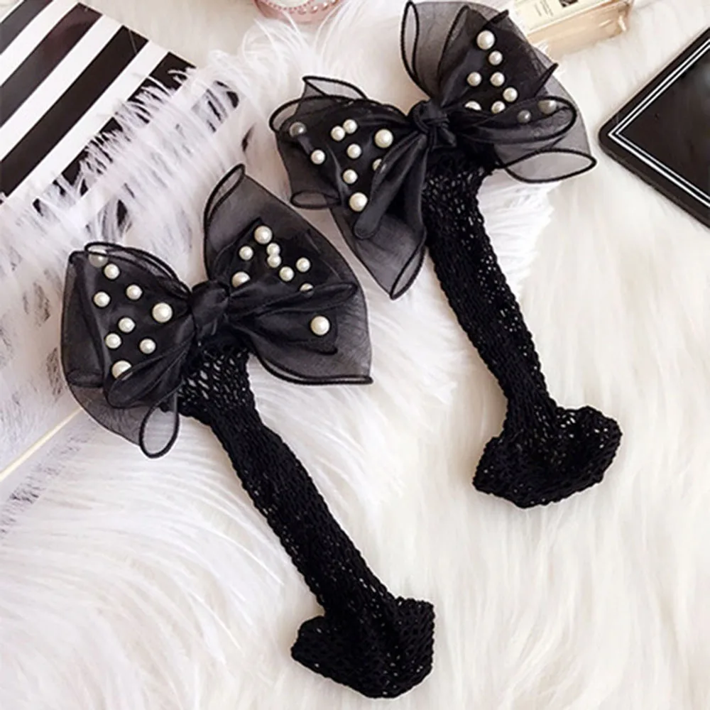 Модные женские носки в сеточку с кружевным бантом и жемчугом Повседневные