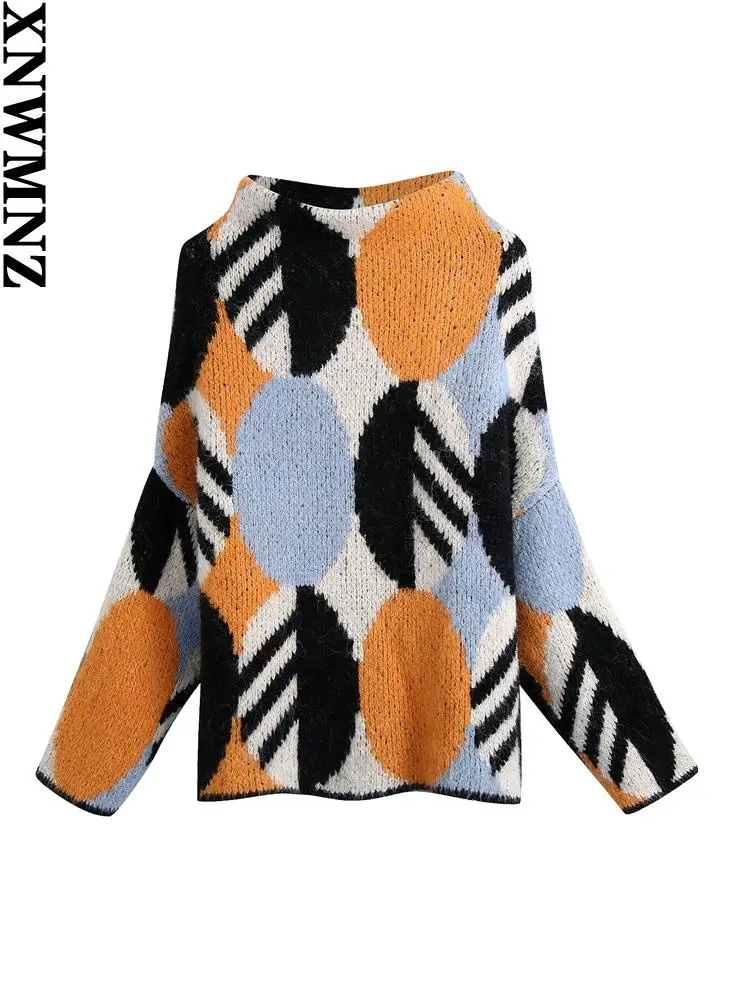 

XNWMNZ Women za fashion oversized jacquard knit sweater vintage high neck long sleeve female pullovers chic tops pull femme 2022