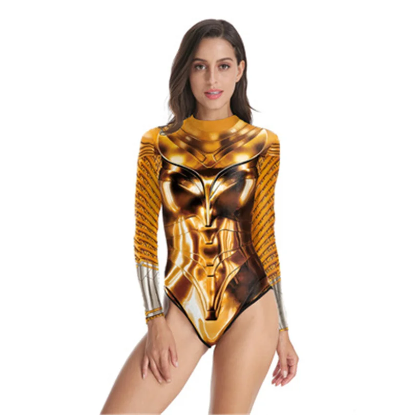 

Takerlama Halloween Costume For Woman Girls Jumpsuit 1984 Golden Bodysuit Long Sleeve One Piece Swimsuit Bathing Clothing