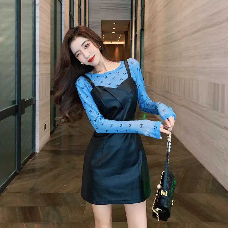 

Hot Girl Sweet and Cool Suspender Dress PU Leather INS Retro Sexy Slim A-line Bodycon Dress Black Sleeveless Party Evening Club