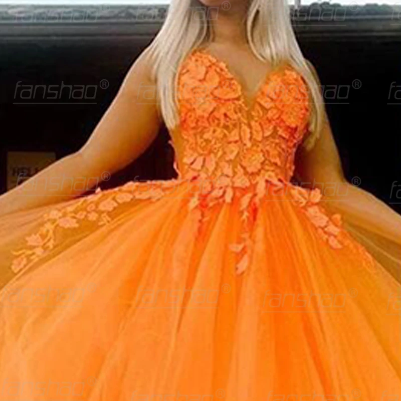 Женское платье на тонких бретельках Fanshao оранжевое Тюлевое без рукавов с