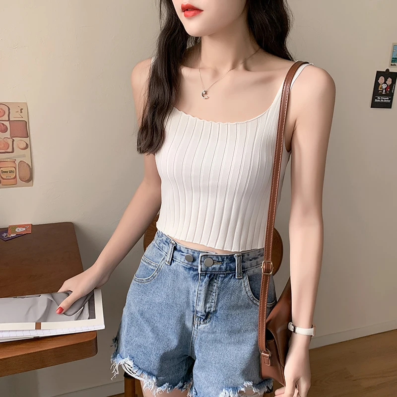 Lines Decorative Knitted Camisole Top 2021 Summer Women's Casual Midriff-Baring Strap Top