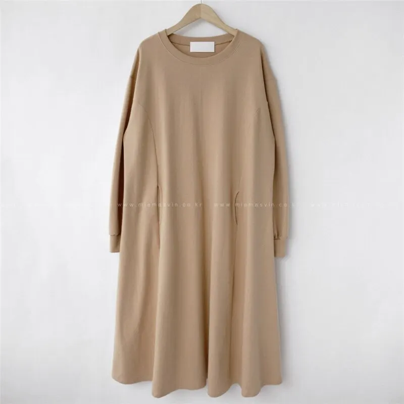 

YourSeason New Korean Female Sweatshirt Dresses 2021 Spring Casual Women Render Loose Simple Dress O Neck Pockets