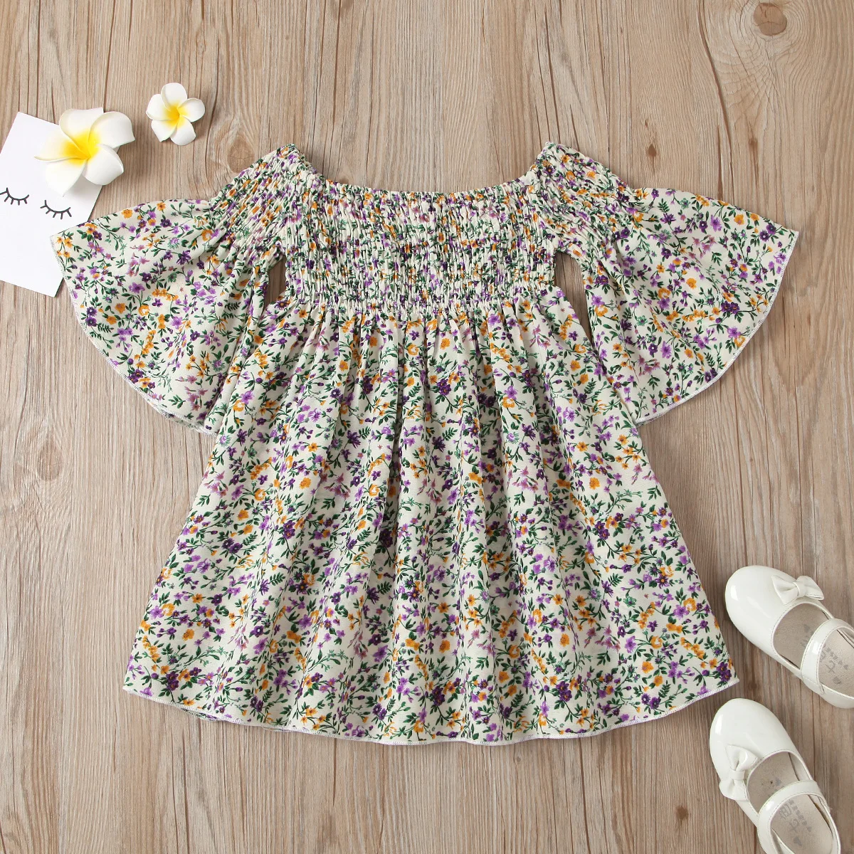 

Europe and America Cross Border 2020 Hot Butterfly Print Smocking Children Shirt Fashion All-Match Floral Bell Sleeve Dress