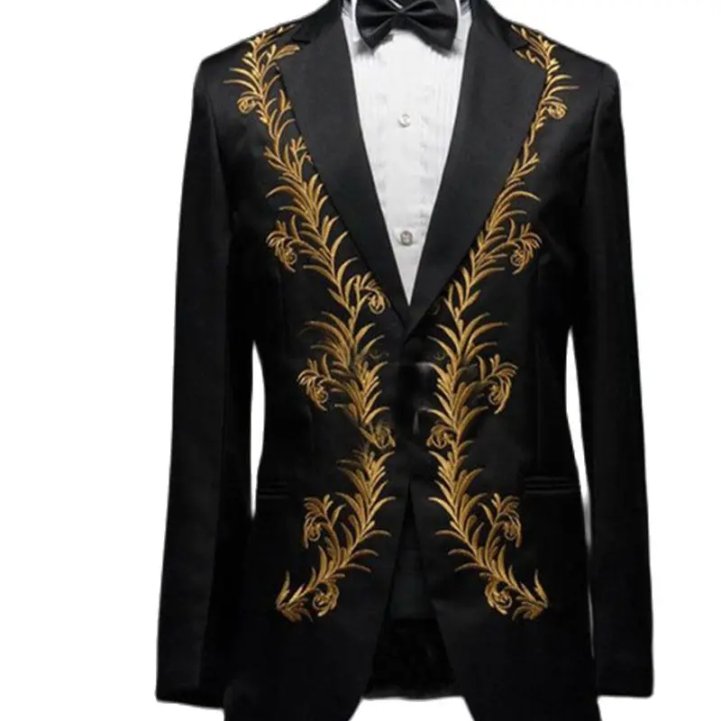 

Ivory/Black Men Suit Notched Lapel Embroidry Suit Formal Wedding Party Wear Evening Prom Blazer Jacket+Pants Custom Made Costume