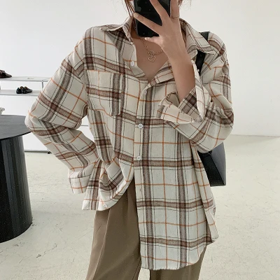 Женская винтажная рубашка в клетку универсальная простая Свободная уличном