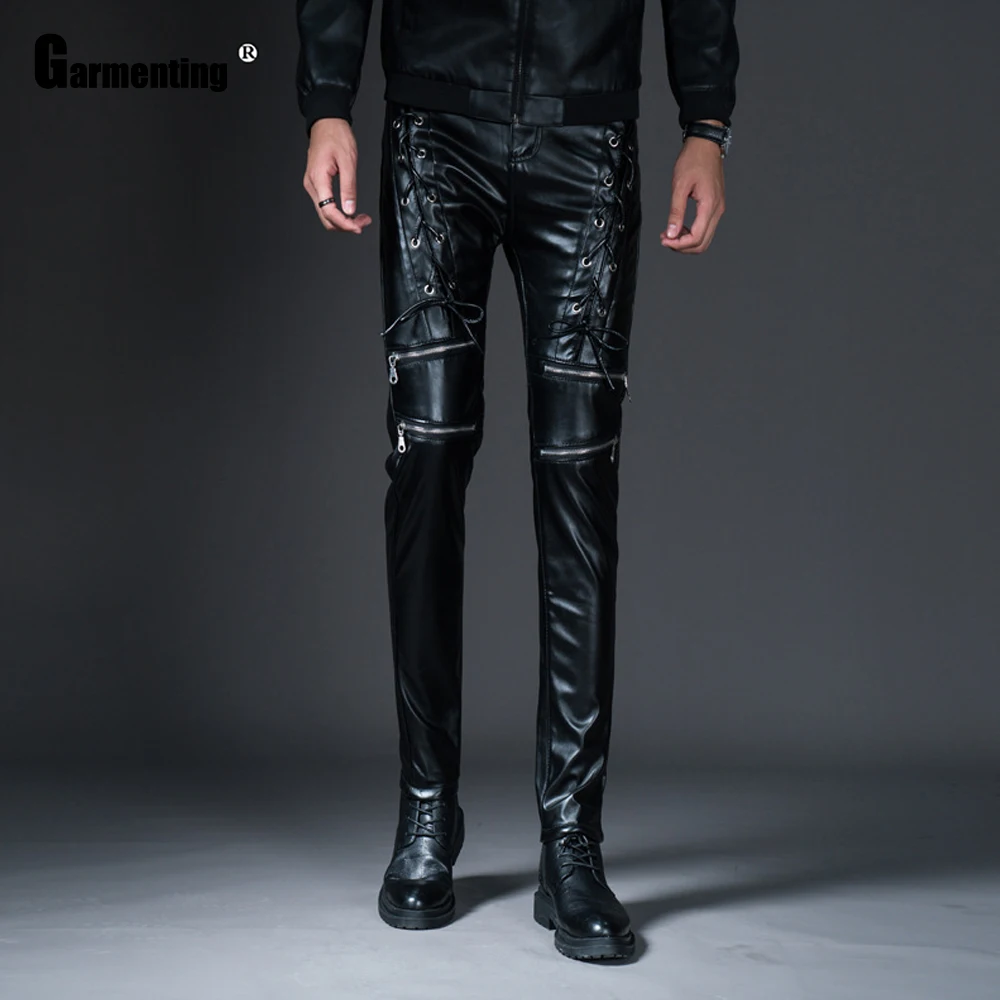 Men PU Leather Pants Slim Bottom Trendy 2021 Punk Style Male Multi Zipper Trousers Black Faux Leather Skinny Pants Mens Clothing