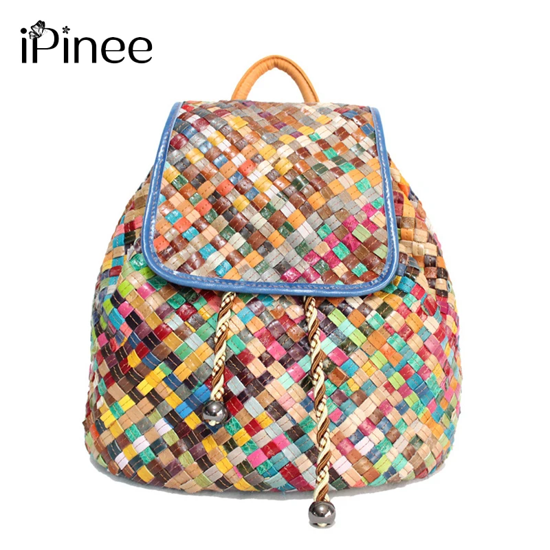 iPinee Vintage Leather Colorful Handmade Woven Women Backpack Genuine Leather Female School Knapsack Travel Bags