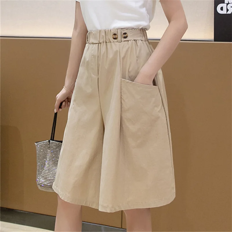 Summer Capri High Wasit Shorts Wide Leg Lady Shorts Loose Women Tailored Shorts Lounge Shorts Elastic Waist Knee Length Shorts