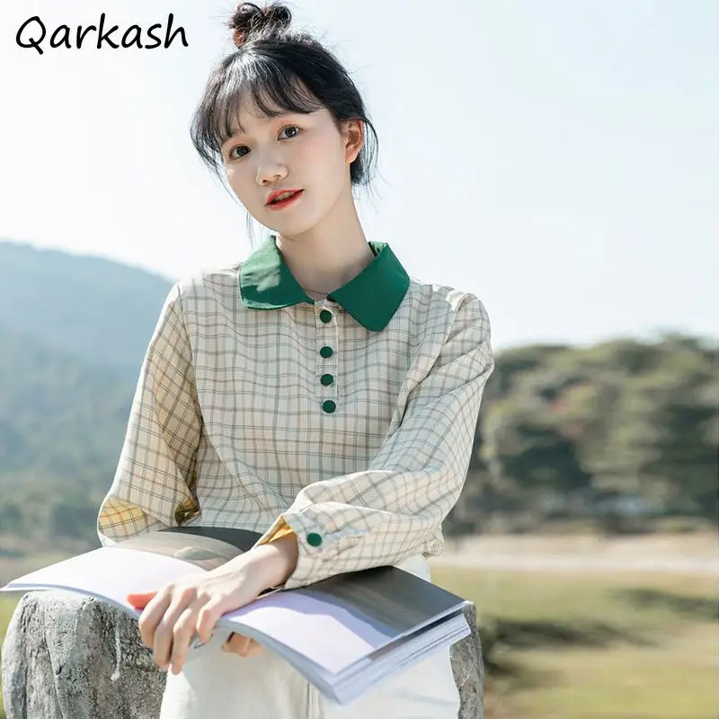 

Blouses Women Plaid Peter Pan Collar Tops 2021 Stylish Korean Style Spring Summer Prairie Chic All-match Blusa Mujer Tender Ins
