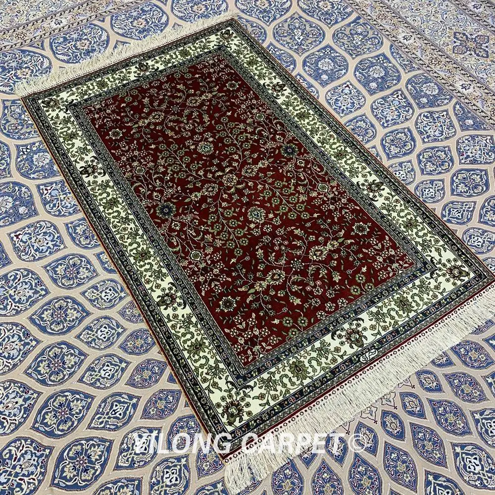 Yilong 3 'x 5' Античный персидский шелковый коврик Тебриз Красный винтажный